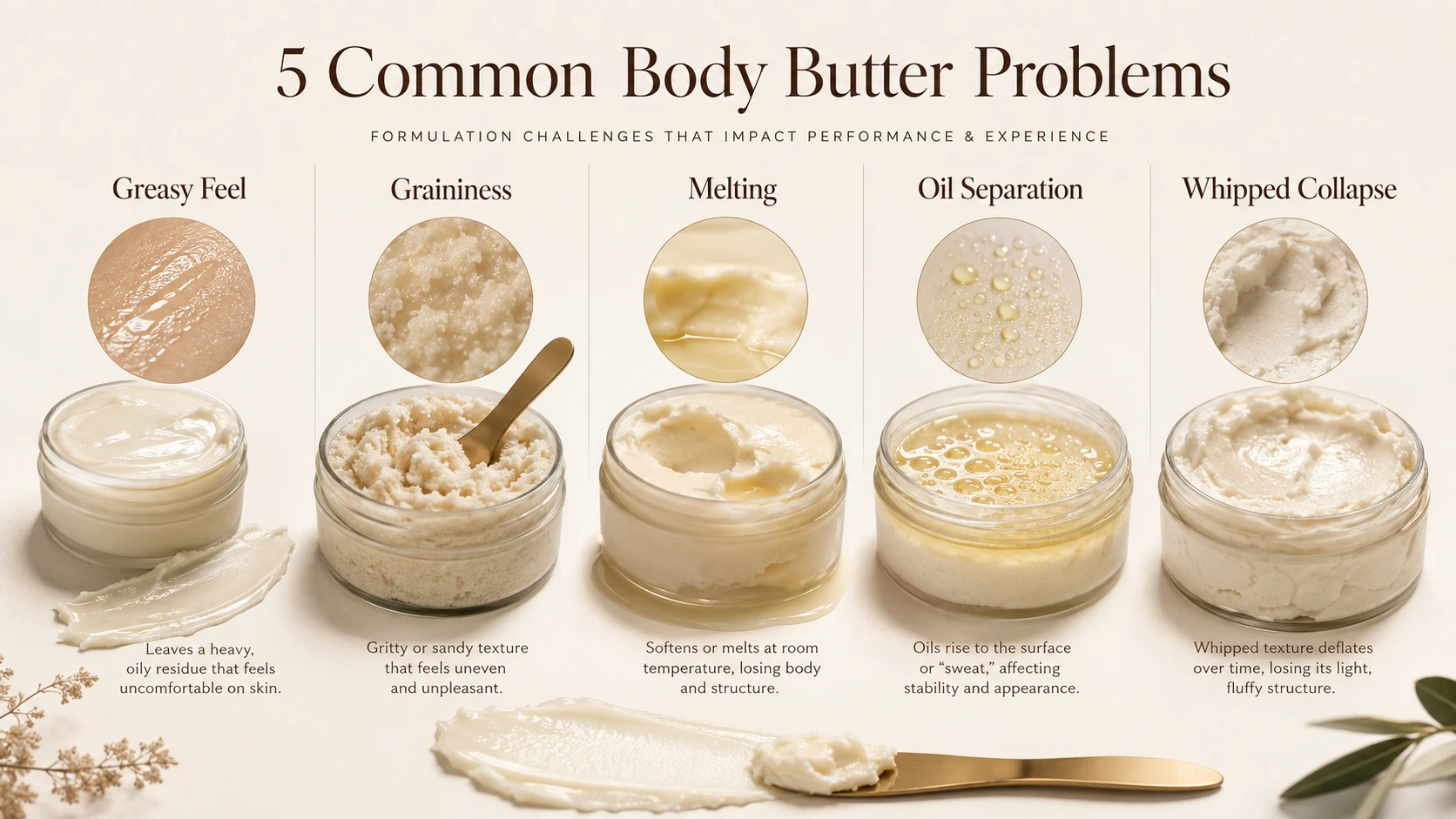 Common body butter problems including greasiness graininess melting oil separation and whipped collapse Common body butter problems including greasiness graininess melting oil separation and whipped collapse